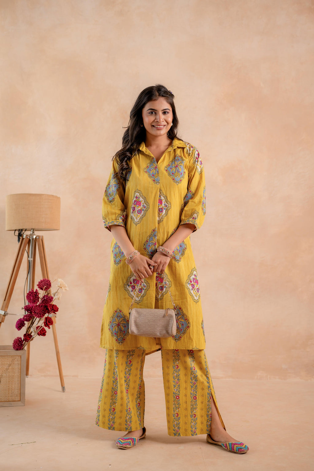 Juniper Mustard Heritage Print Kurta And Pant Set | Grocsy