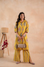 Juniper Mustard Heritage Print Kurta And Pant Set | Grocsy