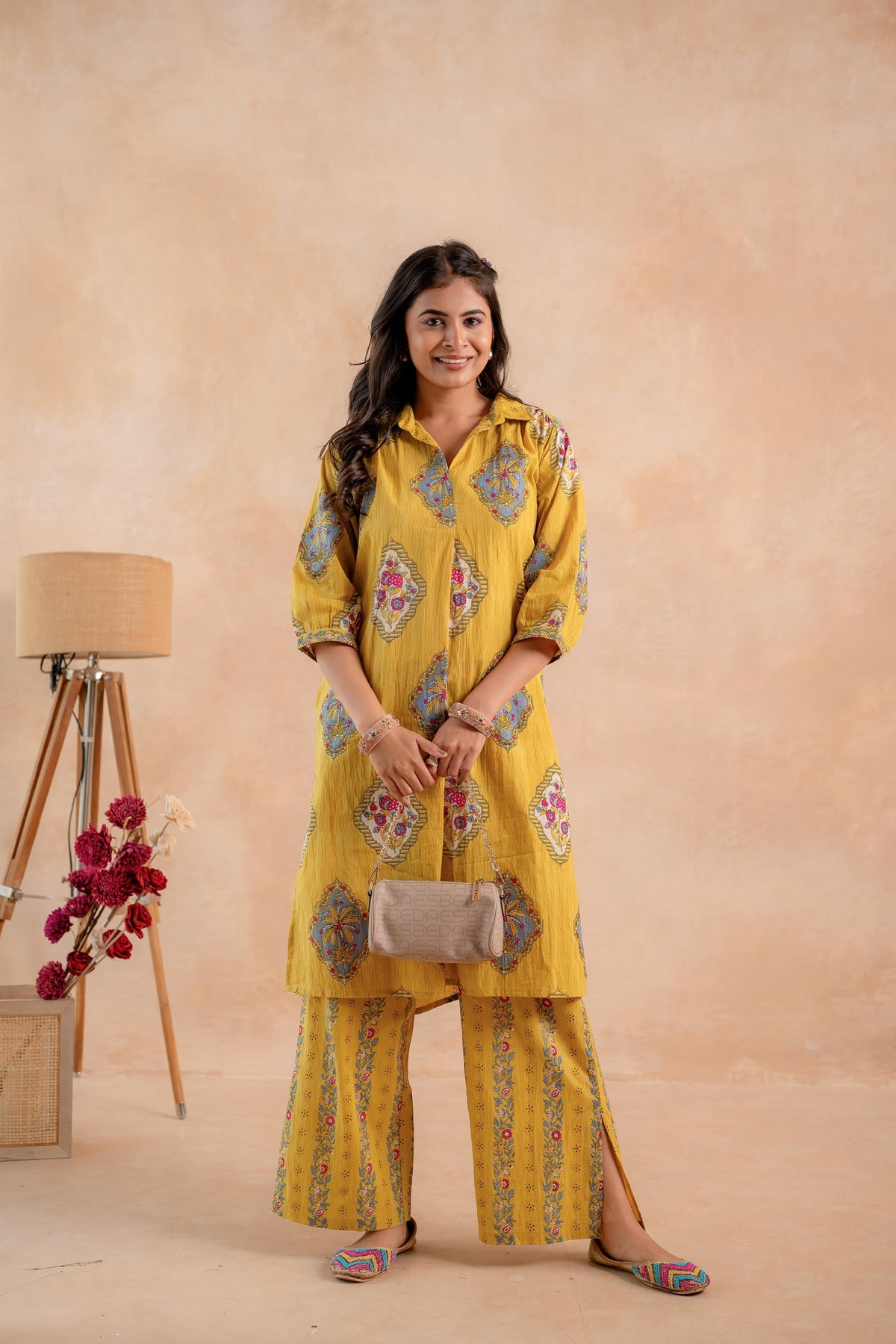 Juniper Mustard Heritage Print Kurta And Pant Set | Grocsy