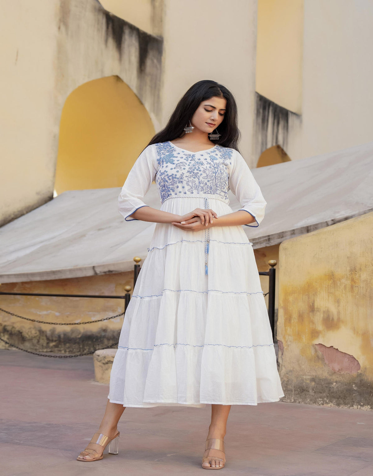 Juniper White Tiered Ethnic Maxi Dress With Powder Blue Floral Embroidery | Grocsy