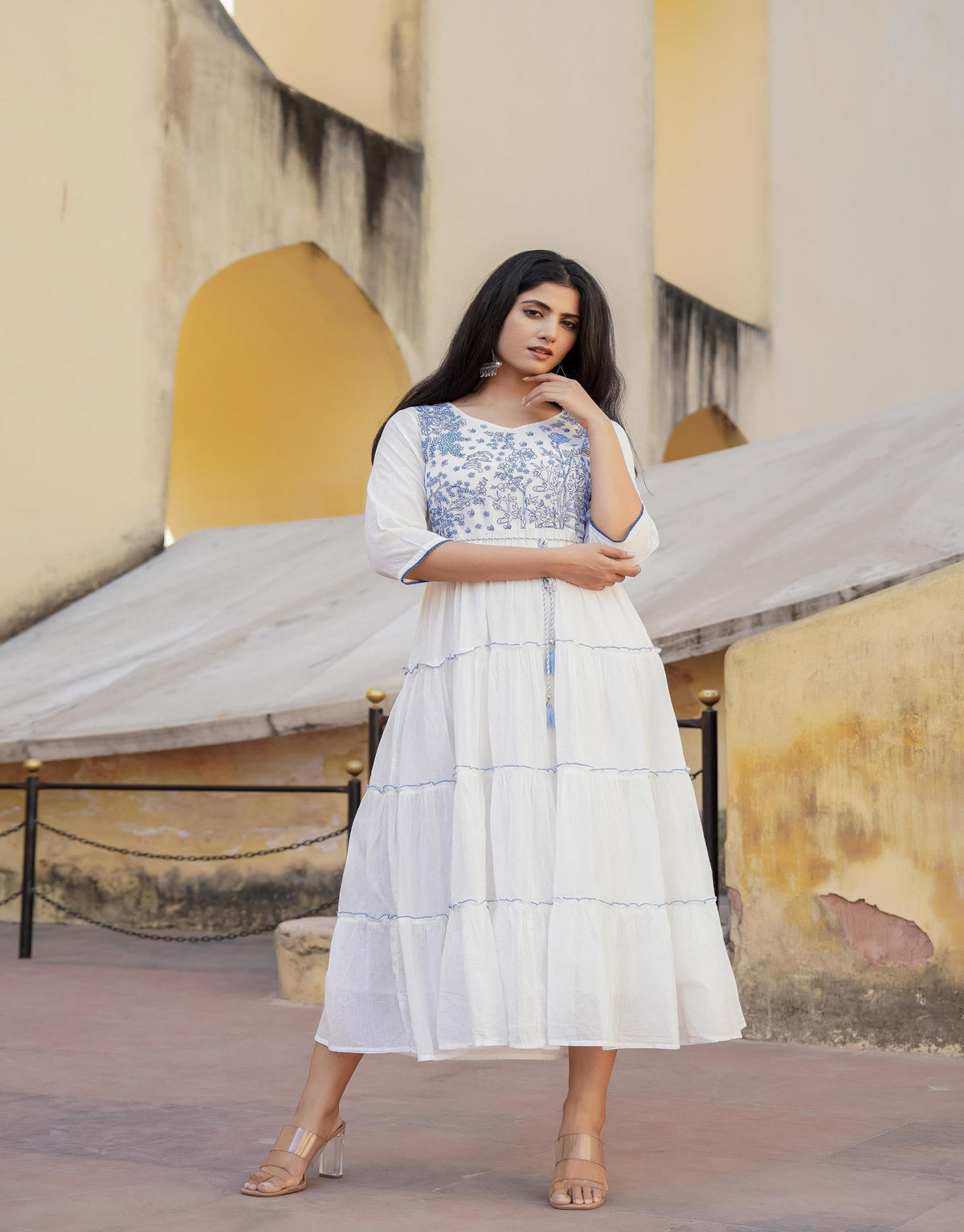 Juniper White Tiered Ethnic Maxi Dress With Powder Blue Floral Embroidery | Grocsy