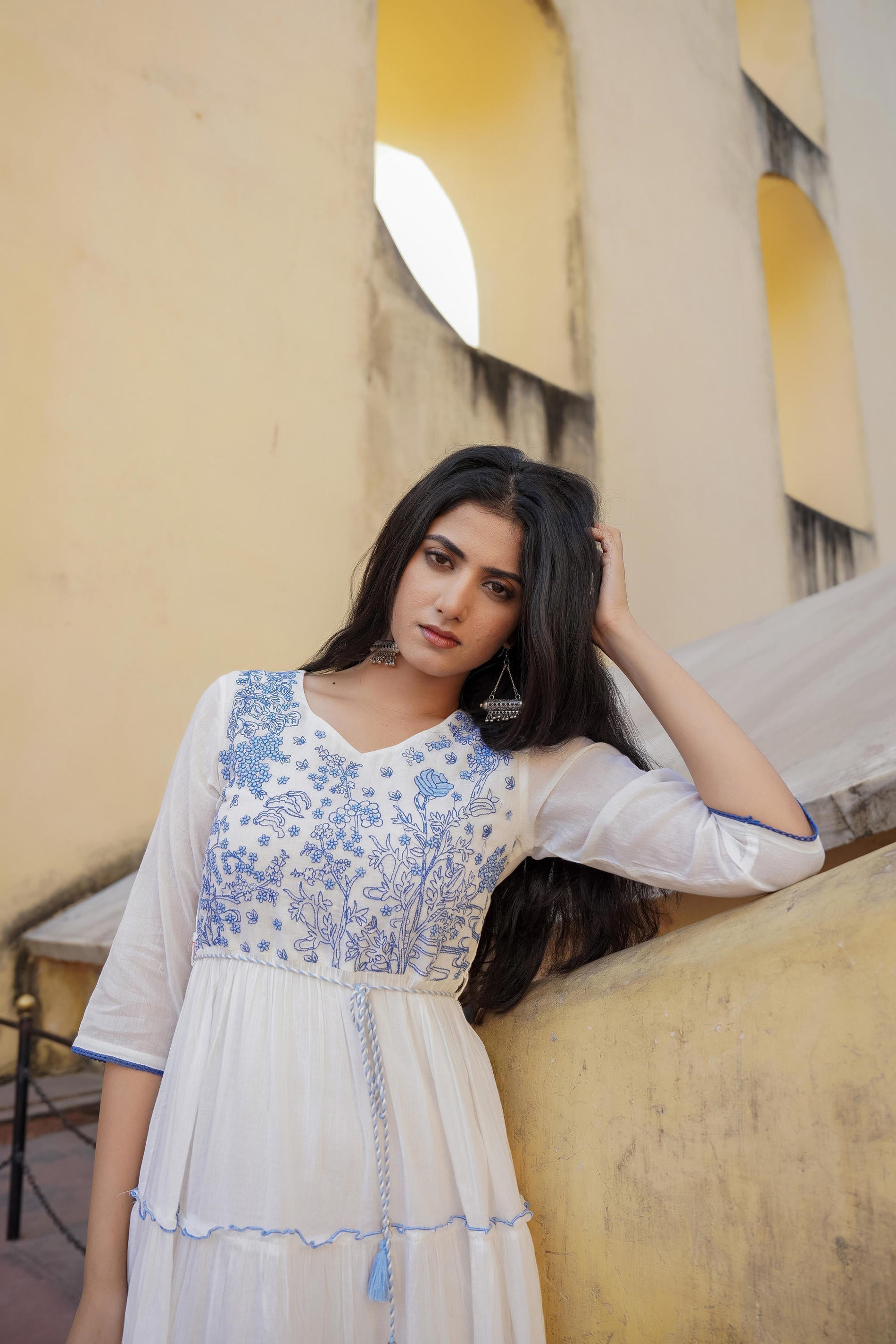 Juniper White Tiered Ethnic Maxi Dress with Powder Blue Floral Embroidery | Grocsy
