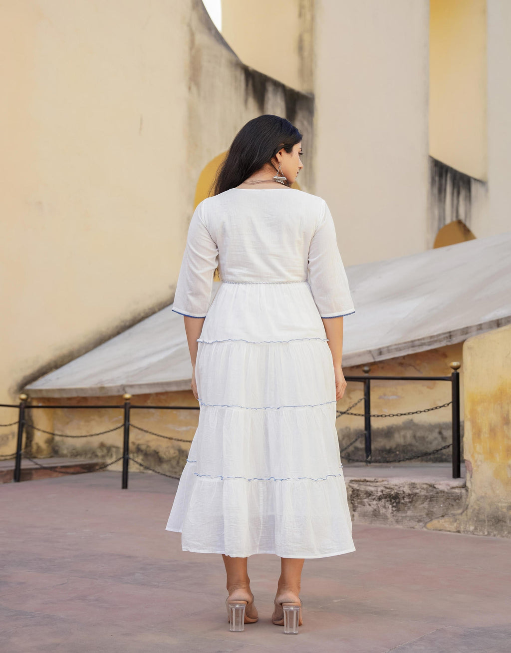 Juniper White Tiered Ethnic Maxi Dress with Powder Blue Floral Embroidery | Grocsy