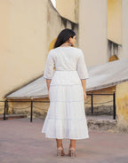Juniper White Tiered Ethnic Maxi Dress with Powder Blue Floral Embroidery | Grocsy