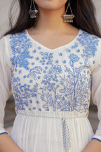 Juniper White Tiered Ethnic Maxi Dress with Powder Blue Floral Embroidery | Grocsy