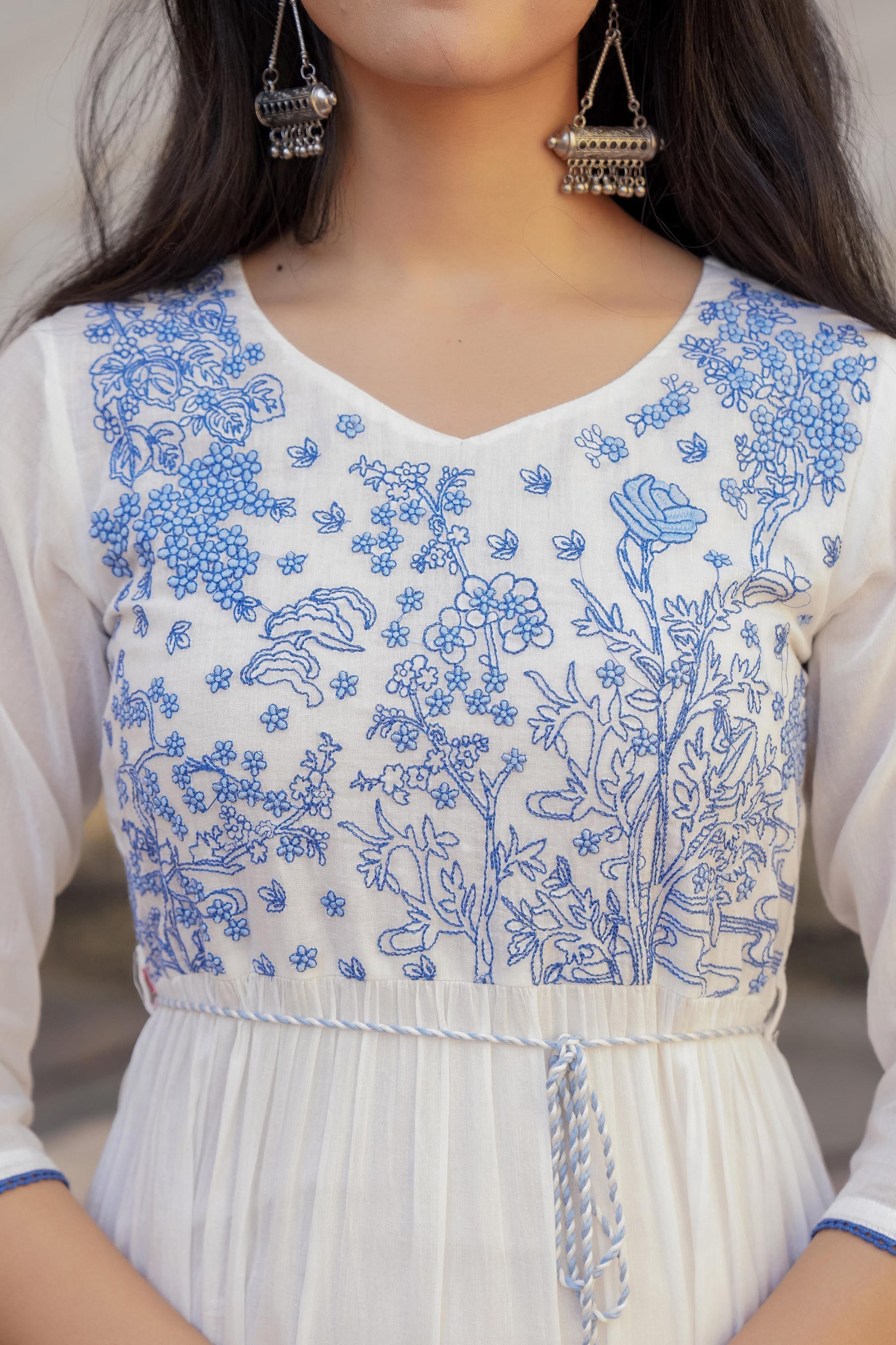 Juniper White Tiered Ethnic Maxi Dress with Powder Blue Floral Embroidery | Grocsy
