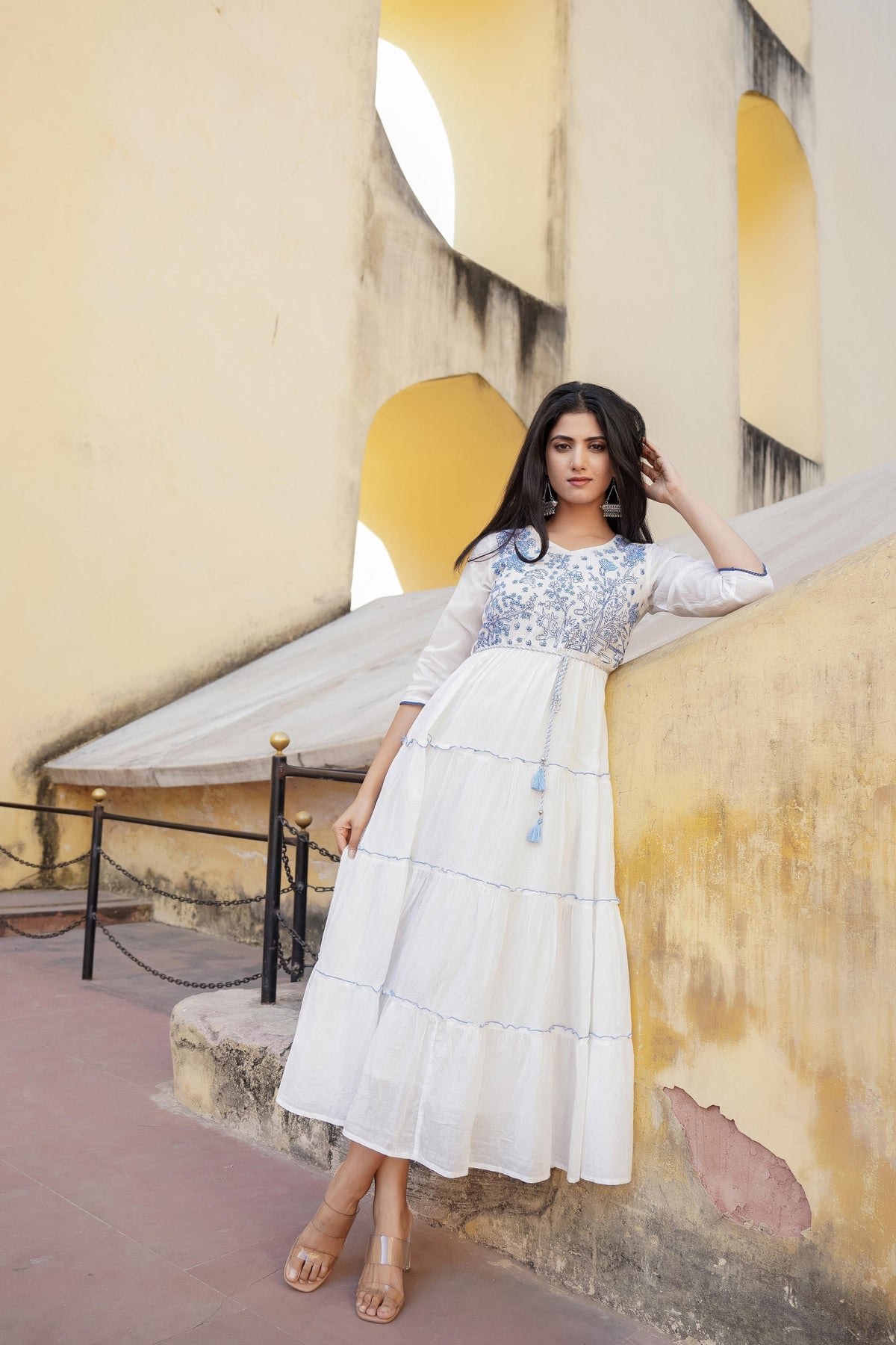Juniper White Tiered Ethnic Maxi Dress with Powder Blue Floral Embroidery | Grocsy