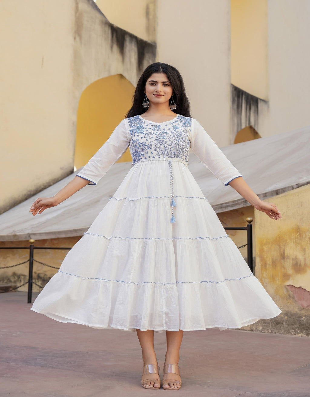 Juniper White Tiered Ethnic Maxi Dress with Powder Blue Floral Embroidery | Grocsy