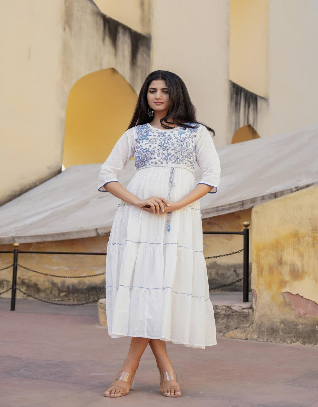 Juniper White Tiered Ethnic Maxi Dress with Powder Blue Floral Embroidery | Grocsy