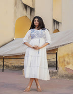 Juniper White Tiered Ethnic Maxi Dress with Powder Blue Floral Embroidery | Grocsy