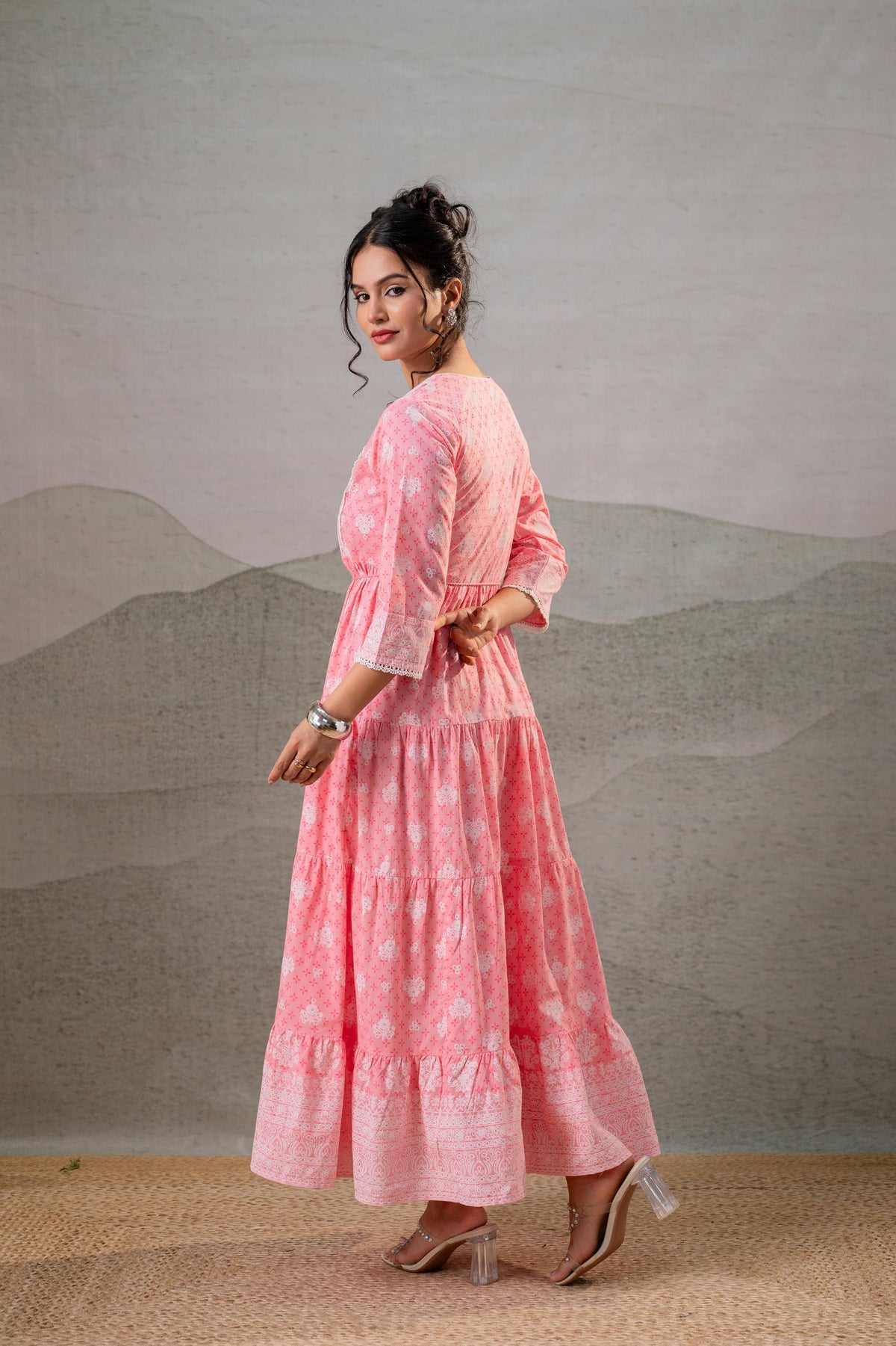 Juniper Baby Pink Tiered Anarkali Dress | Grocsy