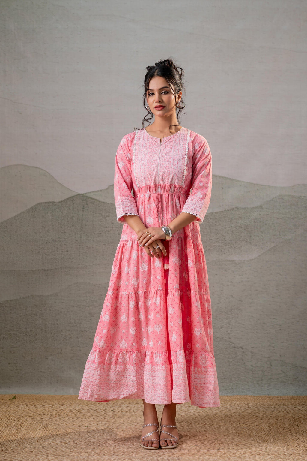 Juniper Baby Pink Tiered Anarkali Dress | Grocsy