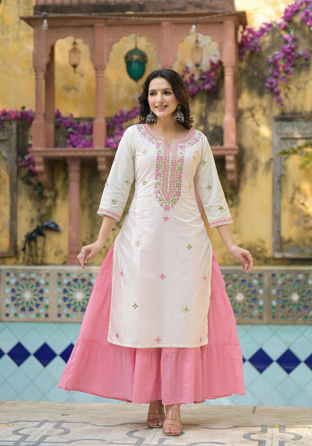Juniper Ivory & Pink Solid Cotton Long Dress With Thread & Mirror Work | Grocsy