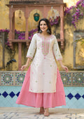 Juniper Ivory & Pink Solid Cotton Long Dress With Thread & Mirror Work | Grocsy