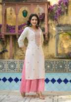 Juniper Ivory & Pink Solid Cotton Long Dress With Thread & Mirror Work | Grocsy