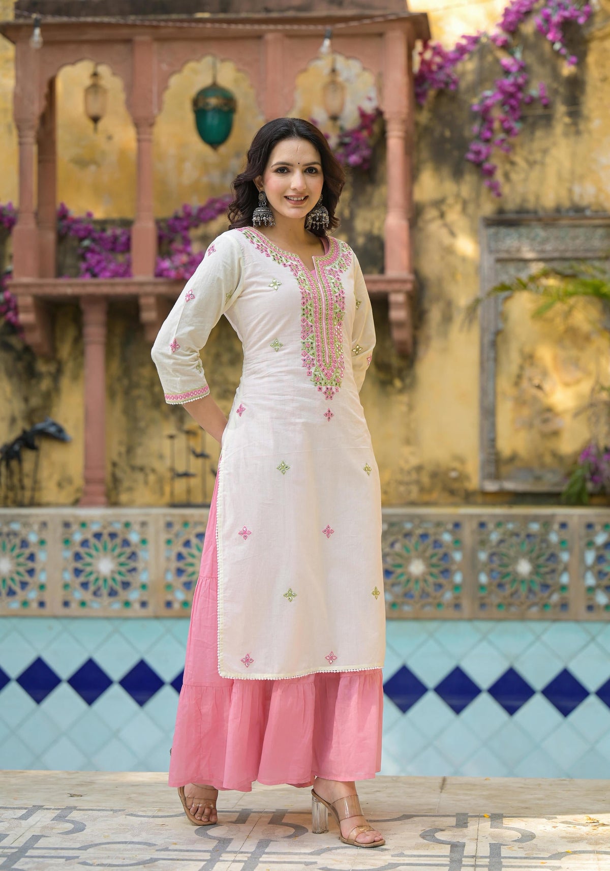 Juniper Ivory & Pink Solid Cotton Long Dress With Thread & Mirror Work | Grocsy