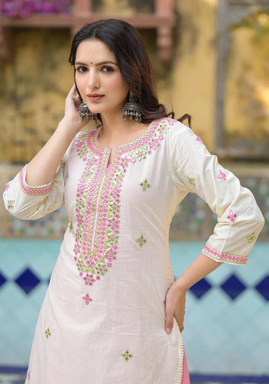 Juniper Ivory & Pink Solid Cotton Long Dress With Thread & Mirror Work | Grocsy