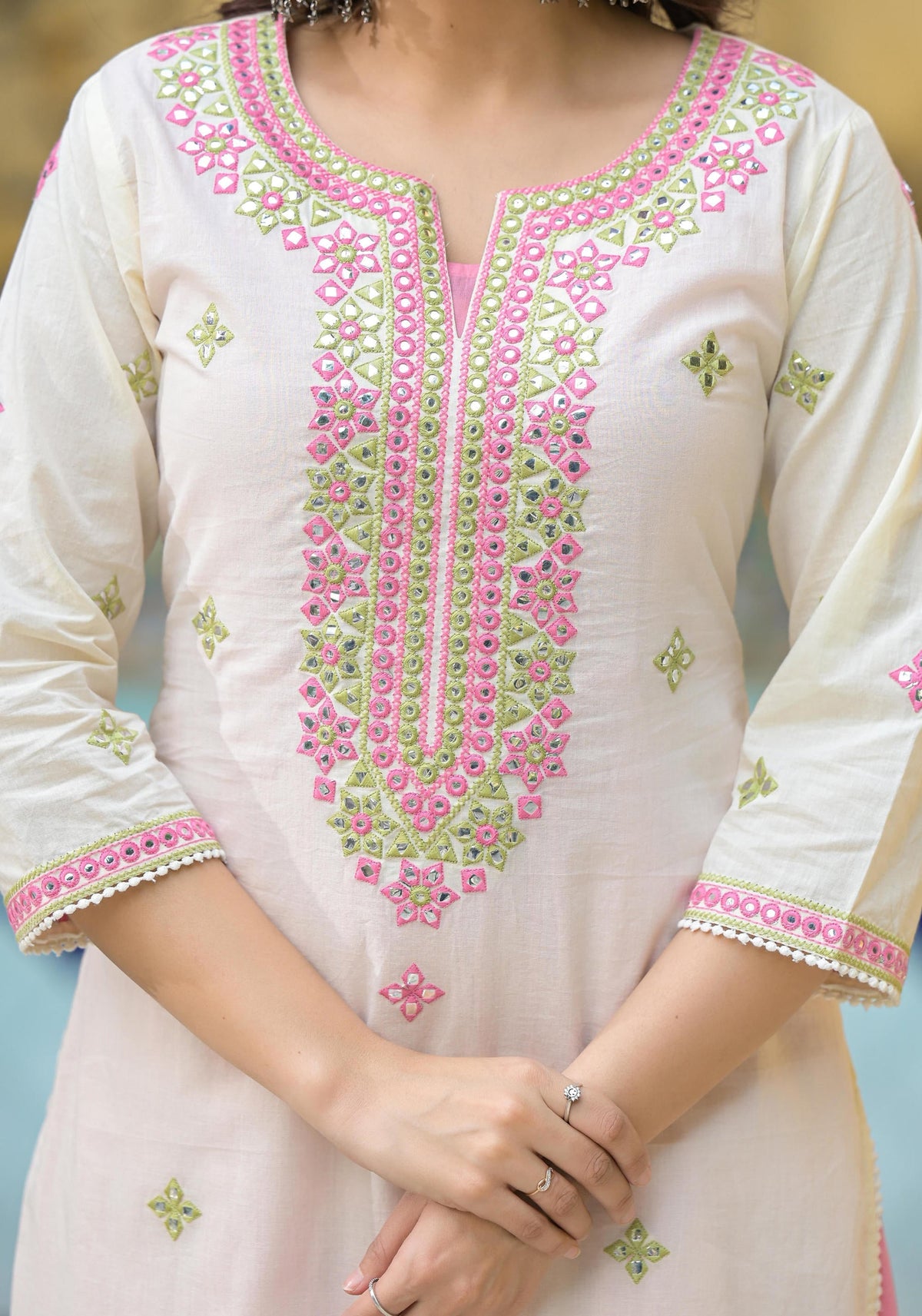 Juniper Ivory & Pink Solid Cotton Long Dress With Thread & Mirror Work | Grocsy