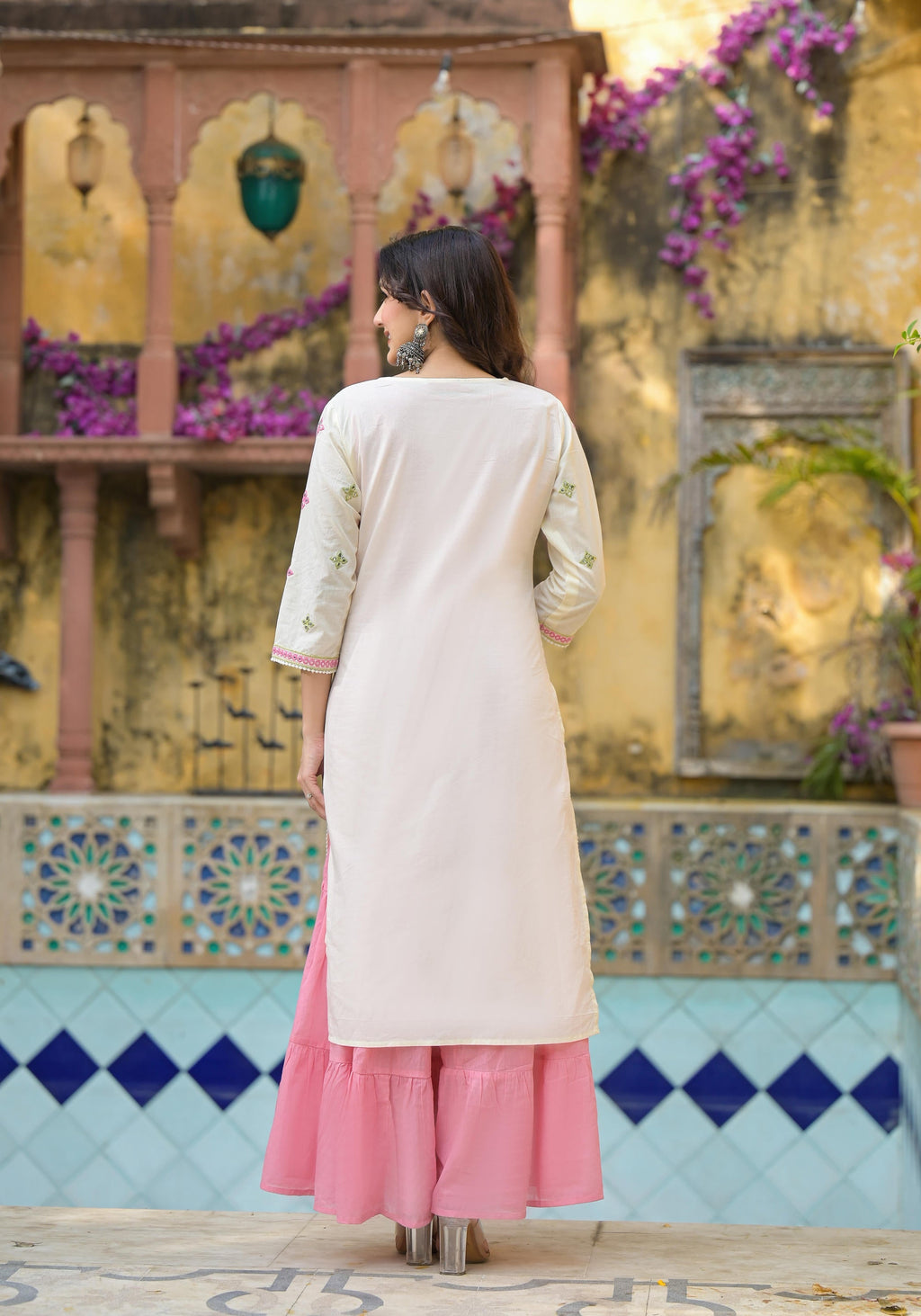 Juniper Ivory & Pink Solid Cotton Long Dress With Thread & Mirror Work | Grocsy