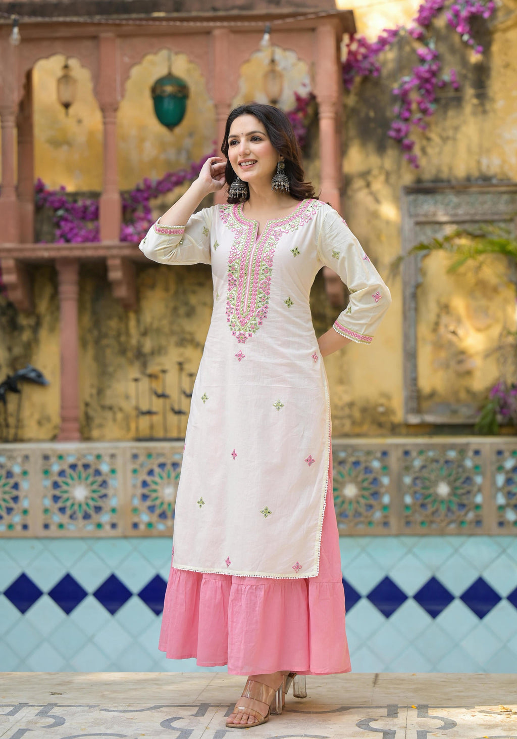 Juniper Ivory & Pink Solid Cotton Long Dress With Thread & Mirror Work | Grocsy