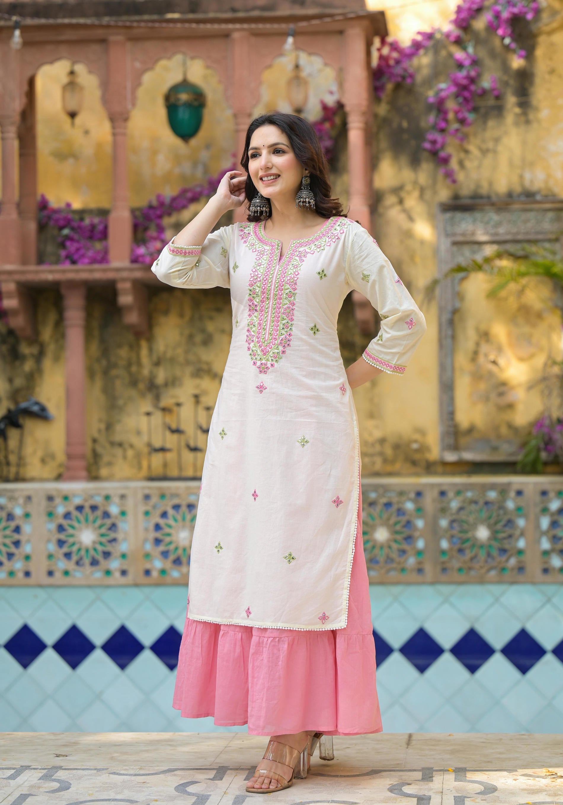 Juniper Ivory & Pink Solid Cotton Long Dress With Thread & Mirror Work | Grocsy
