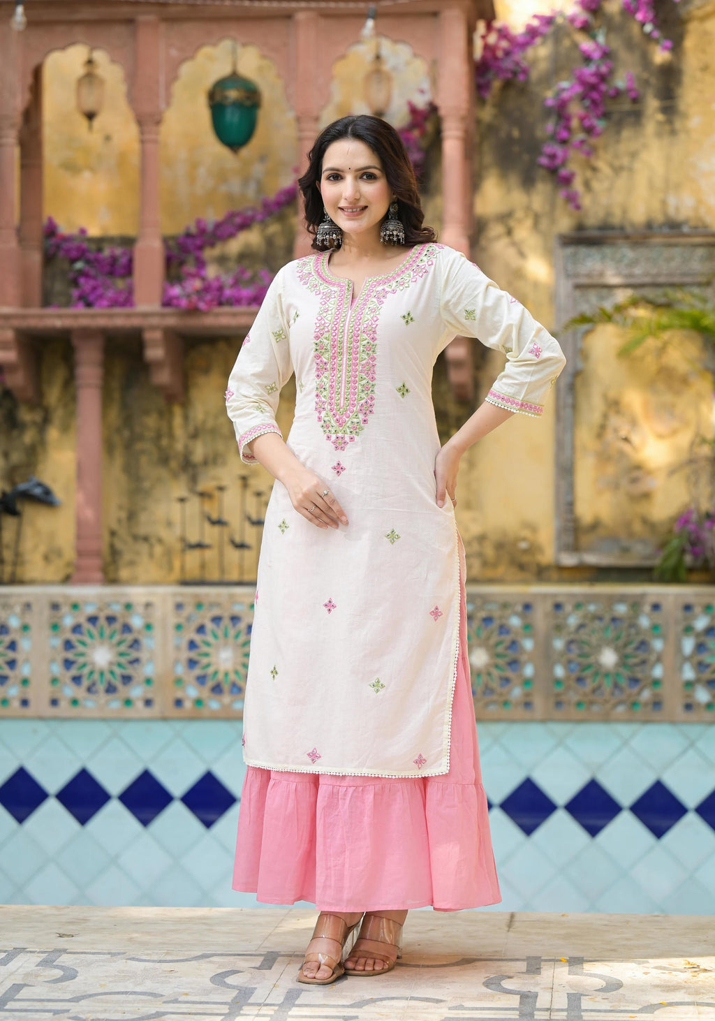 Juniper Ivory & Pink Solid Cotton Long Dress With Thread & Mirror Work | Grocsy