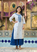Juniper White & Blue Solid Cotton Long Dress With Thread & Mirror Work | Grocsy
