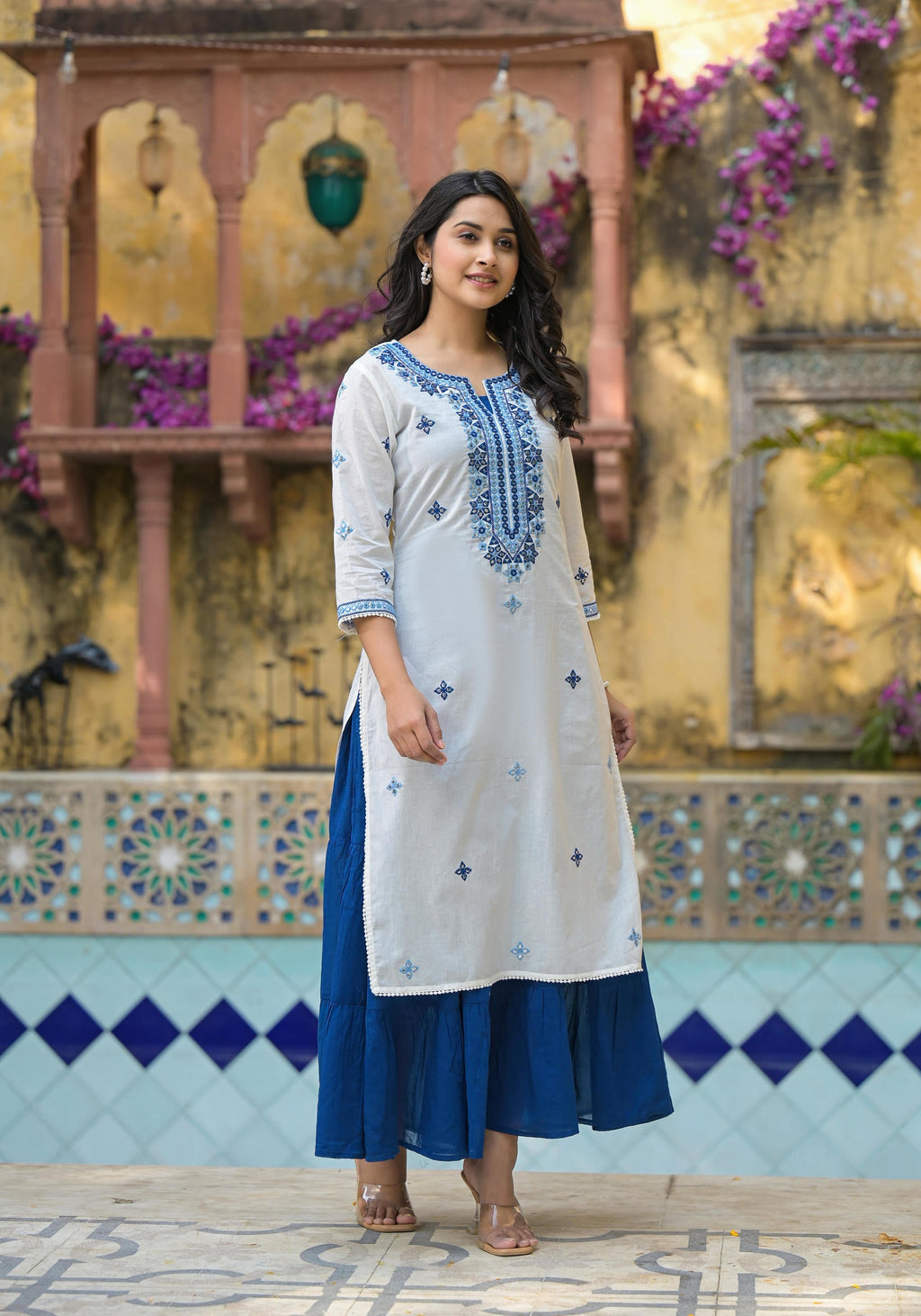 Juniper White & Blue Solid Cotton Long Dress With Thread & Mirror Work | Grocsy