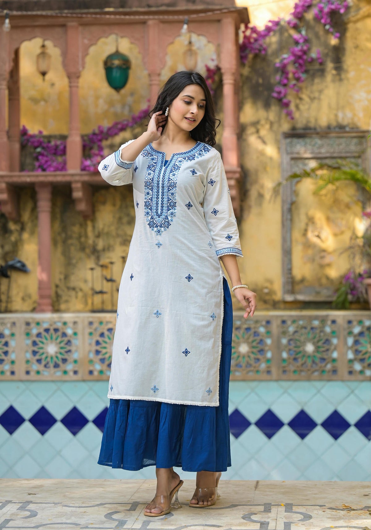 Juniper White & Blue Solid Cotton Long Dress With Thread & Mirror Work | Grocsy