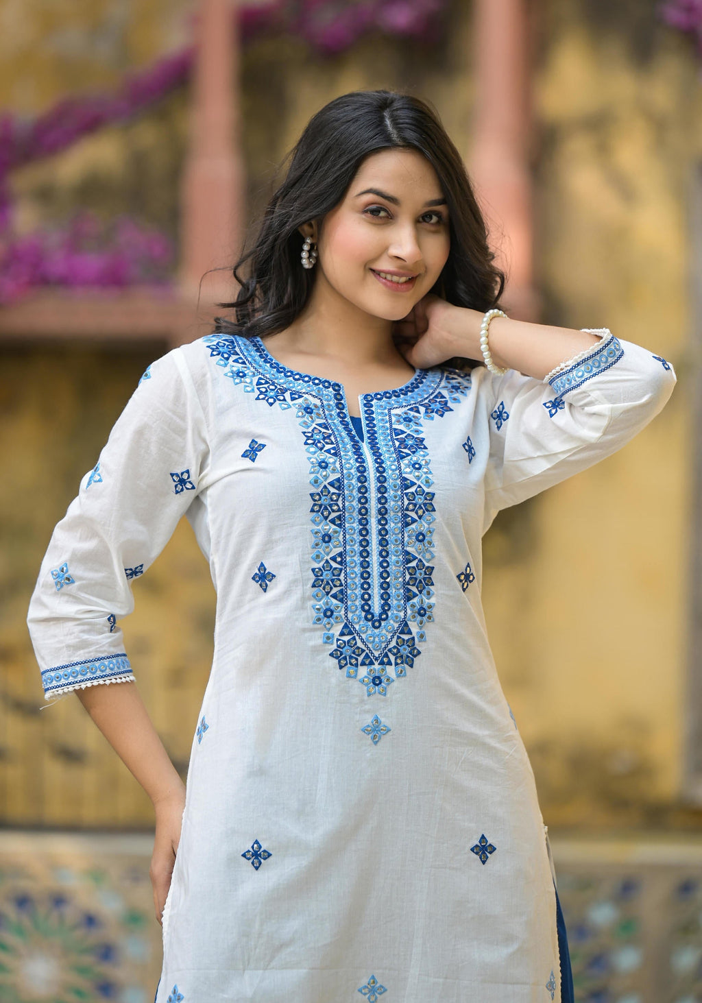 Juniper White & Blue Solid Cotton Long Dress With Thread & Mirror Work | Grocsy