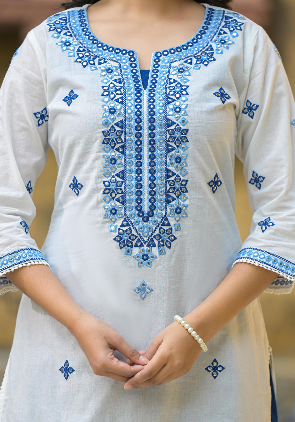 Juniper White & Blue Solid Cotton Long Dress With Thread & Mirror Work | Grocsy