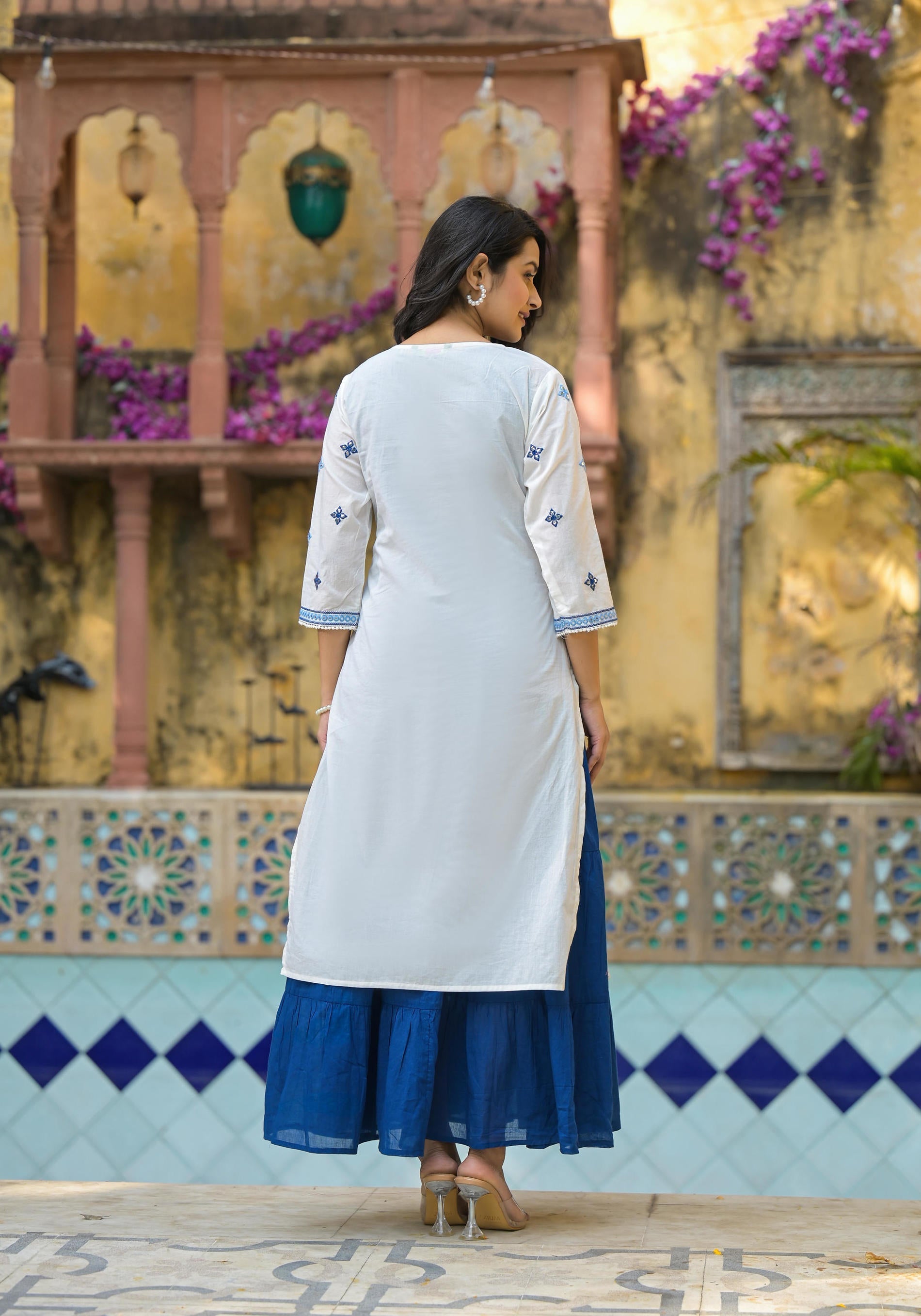 Juniper White & Blue Solid Cotton Long Dress With Thread & Mirror Work | Grocsy