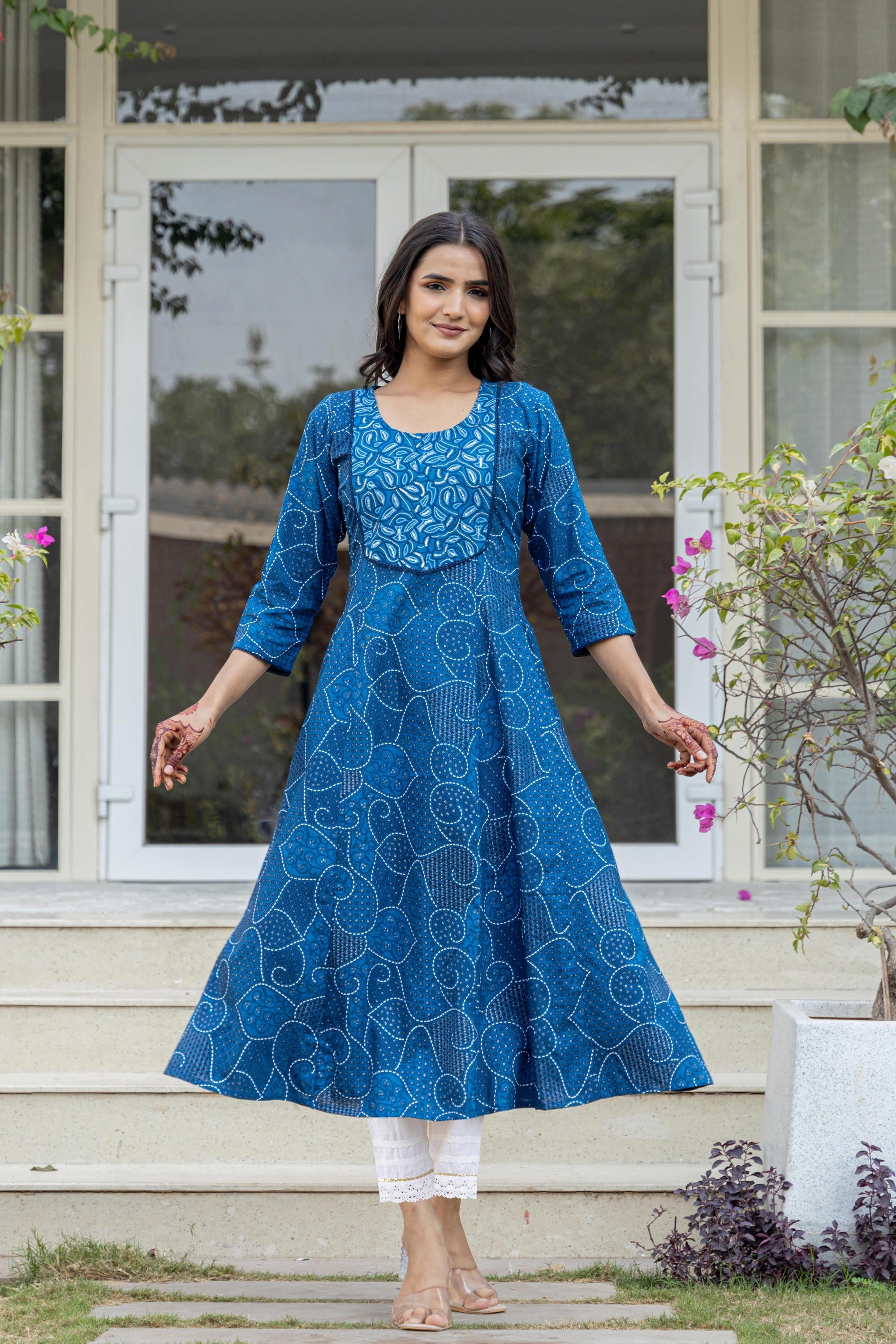 Juniper Blue Ethnic Motif Printed Viscose Kurta With Sequins | Grocsy