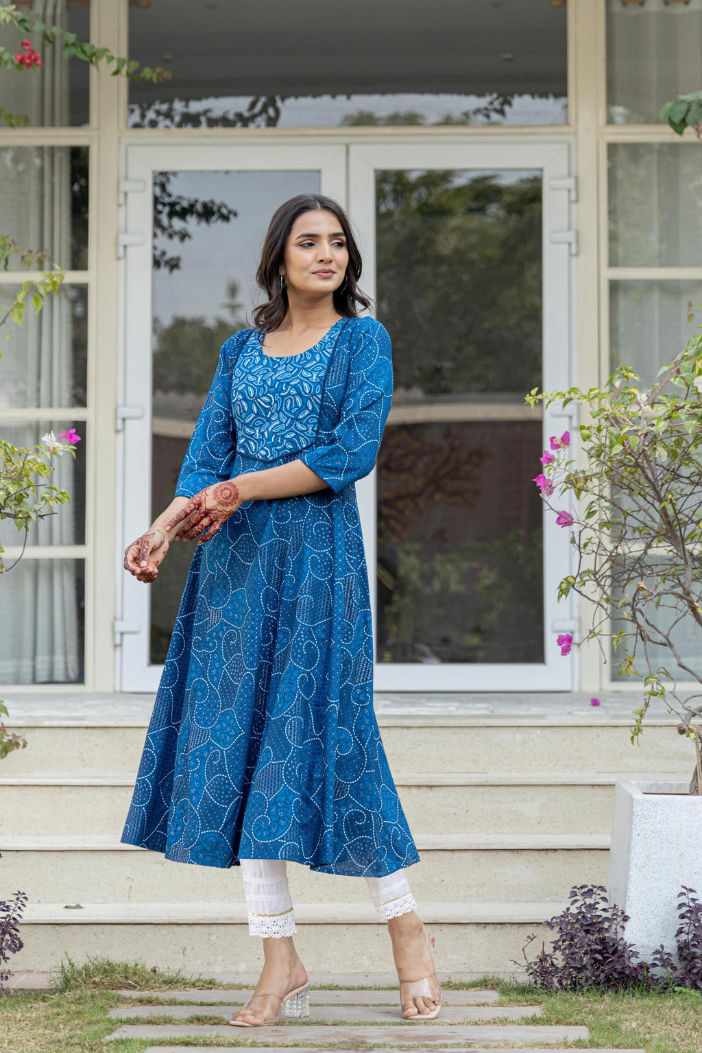 Juniper Blue Ethnic Motif Printed Viscose Kurta With Sequins | Grocsy