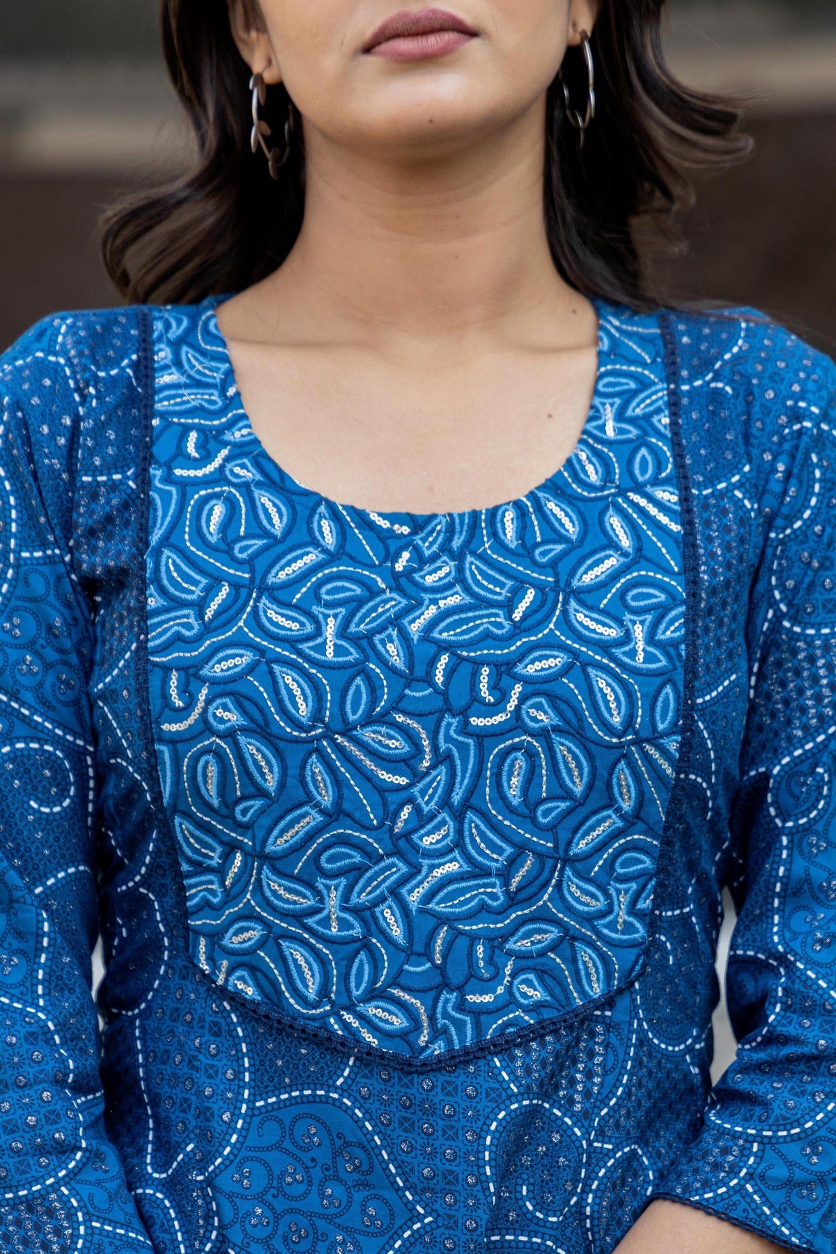 Juniper Blue Ethnic Motif Printed Viscose Kurta With Sequins | Grocsy
