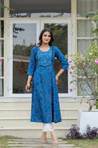 Juniper Blue Ethnic Motif Printed Viscose Kurta With Sequins | Grocsy