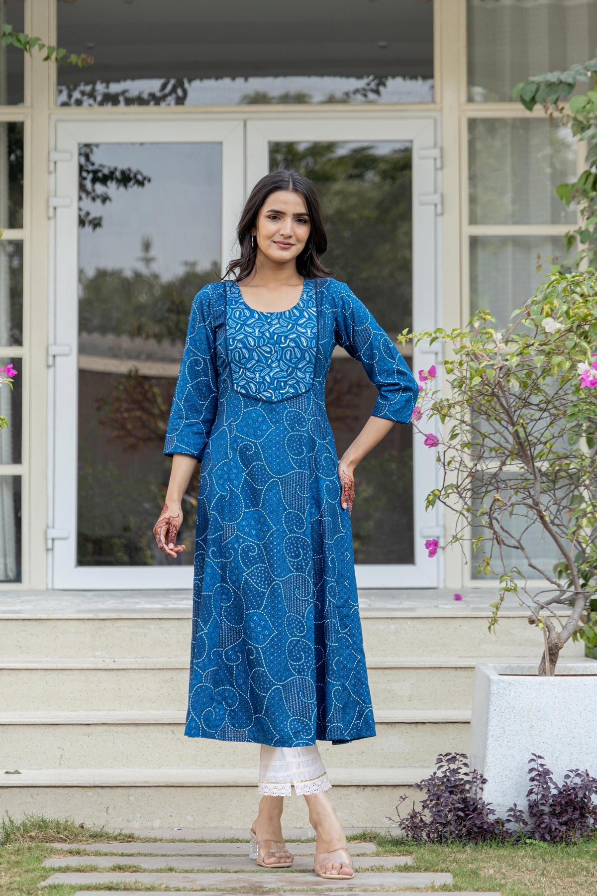 Juniper Blue Ethnic Motif Printed Viscose Kurta With Sequins | Grocsy