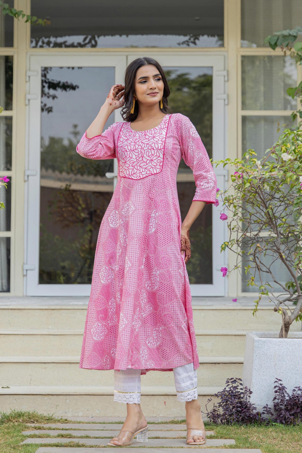 Juniper Pink Ethnic Motif Printed Viscose Kurta With Sequins | Grocsy