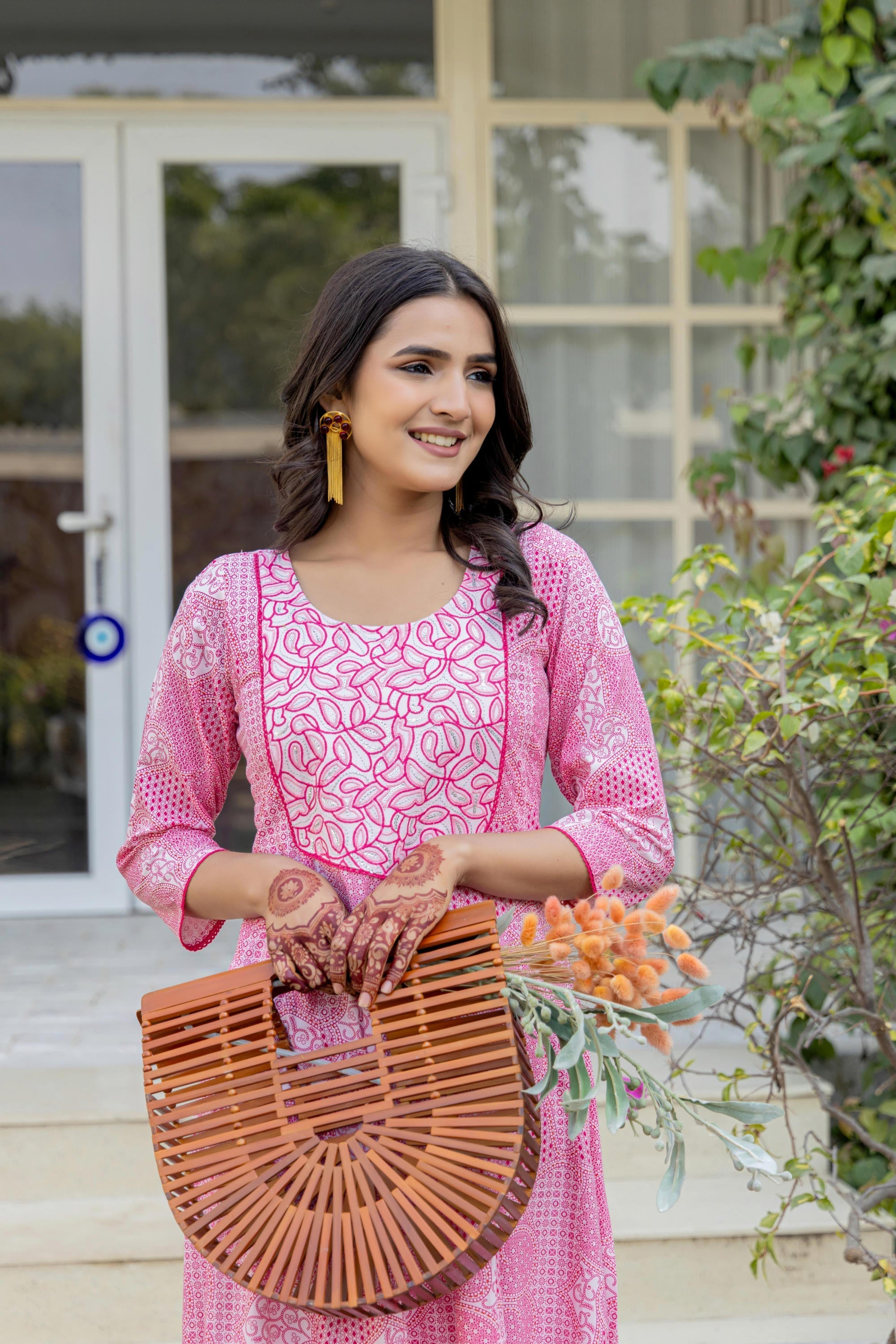 Juniper Pink Ethnic Motif Printed Viscose Kurta With Sequins | Grocsy