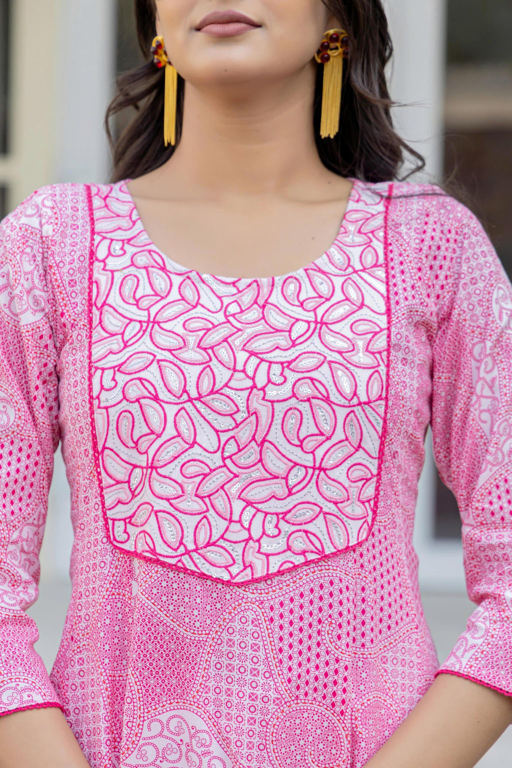 Juniper Pink Ethnic Motif Printed Viscose Kurta With Sequins | Grocsy
