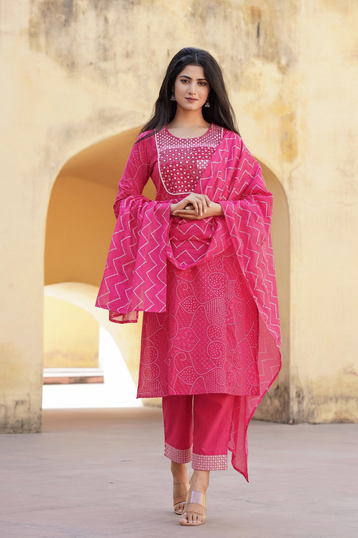 Juniper Fuchsia Ethnic Motif Printed Cotton Kurta Pant And Dupatta Set With Mirror & Thread Work | Grocsy