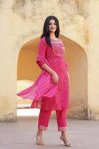 Juniper Fuchsia Ethnic Motif Printed Cotton Kurta Pant And Dupatta Set With Mirror & Thread Work | Grocsy