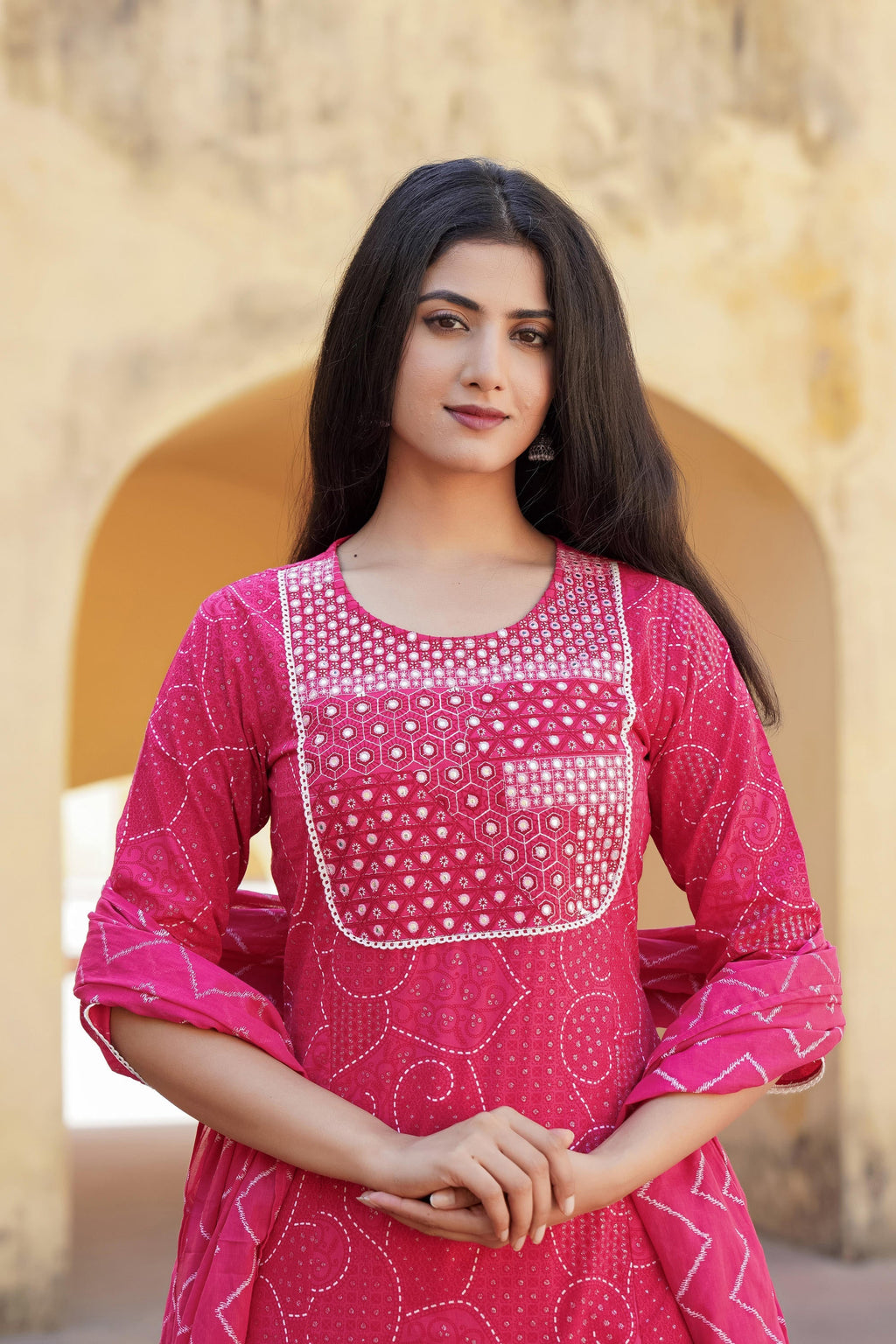 Juniper Fuchsia Ethnic Motif Printed Cotton Kurta Pant And Dupatta Set With Mirror & Thread Work | Grocsy