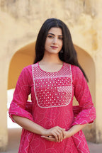 Juniper Fuchsia Ethnic Motif Printed Cotton Kurta Pant And Dupatta Set With Mirror & Thread Work | Grocsy