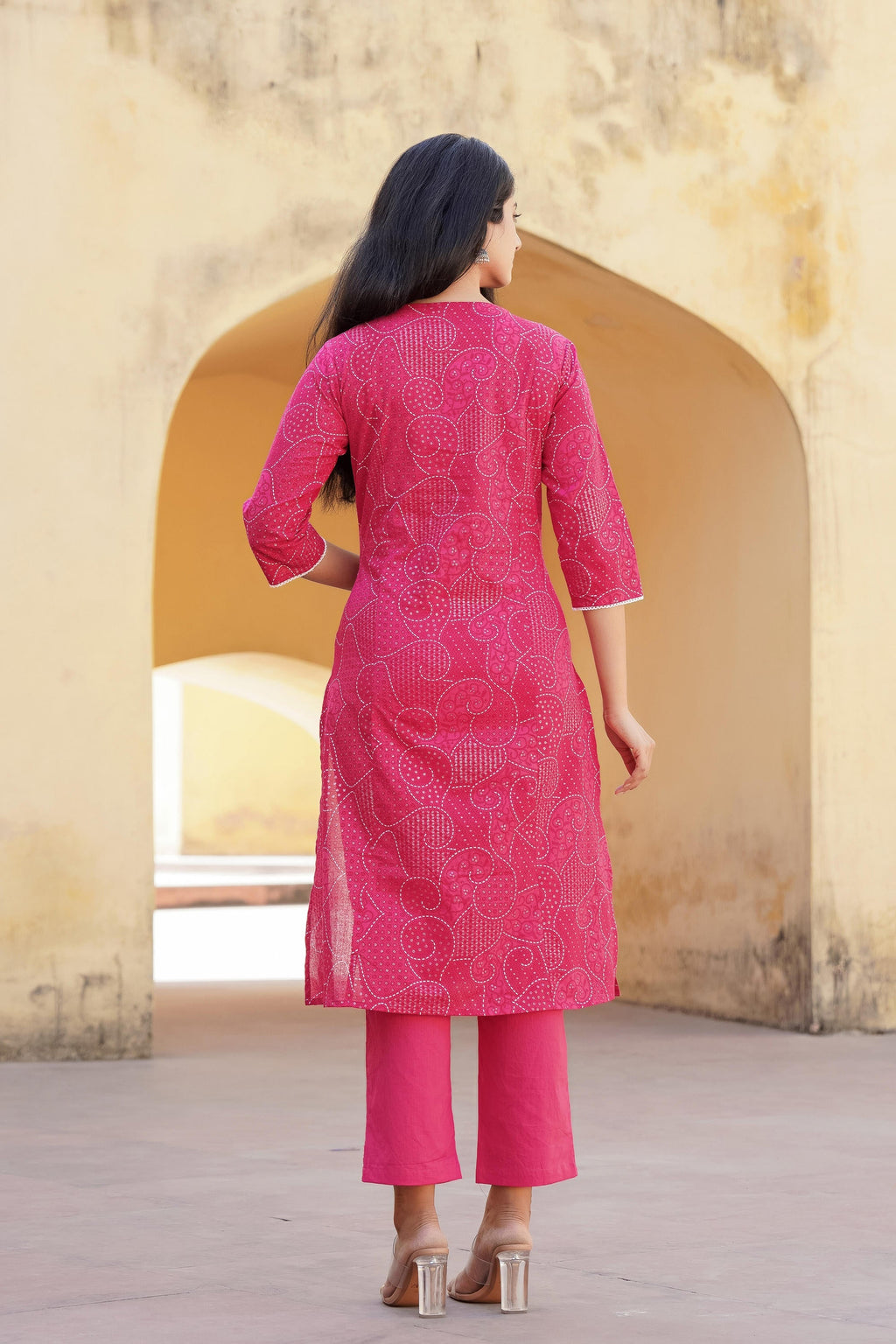 Juniper Fuchsia Ethnic Motif Printed Cotton Kurta Pant And Dupatta Set With Mirror & Thread Work | Grocsy