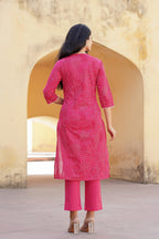 Juniper Fuchsia Ethnic Motif Printed Cotton Kurta Pant And Dupatta Set With Mirror & Thread Work | Grocsy