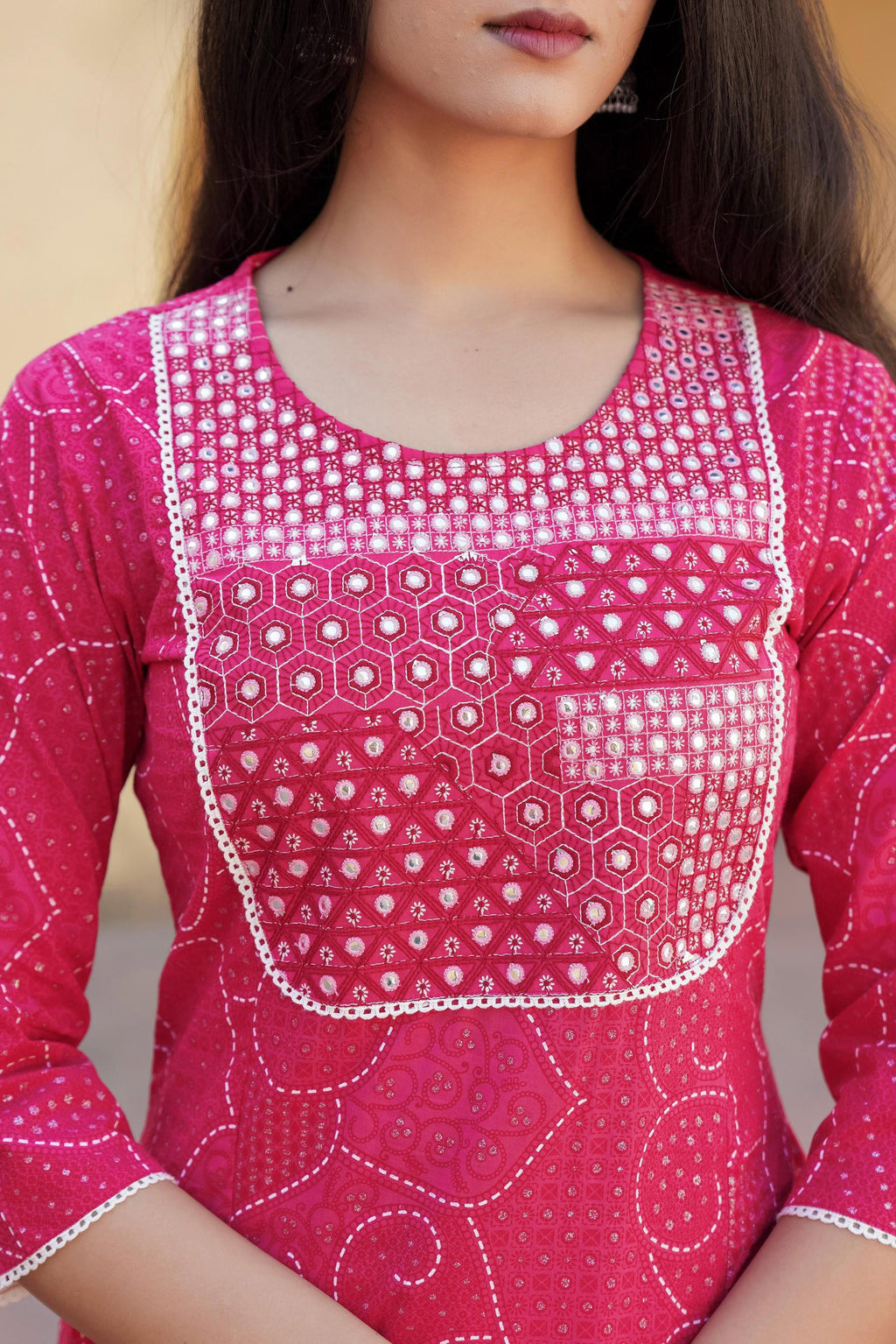 Juniper Fuchsia Ethnic Motif Printed Cotton Kurta Pant And Dupatta Set With Mirror & Thread Work | Grocsy