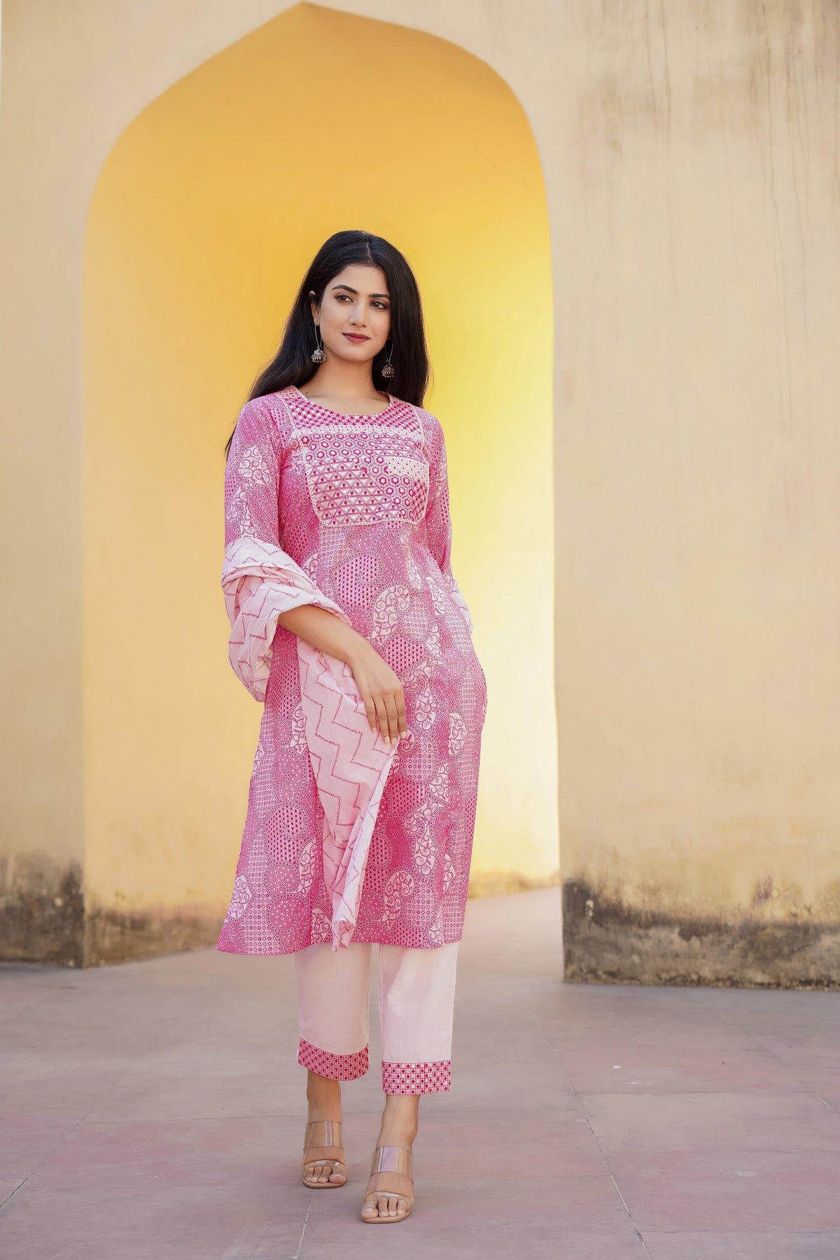 Juniper Light Pink Ethnic Motif Printed Kurta Pant And Dupatta Set With Mirror & Thread Work | Grocsy