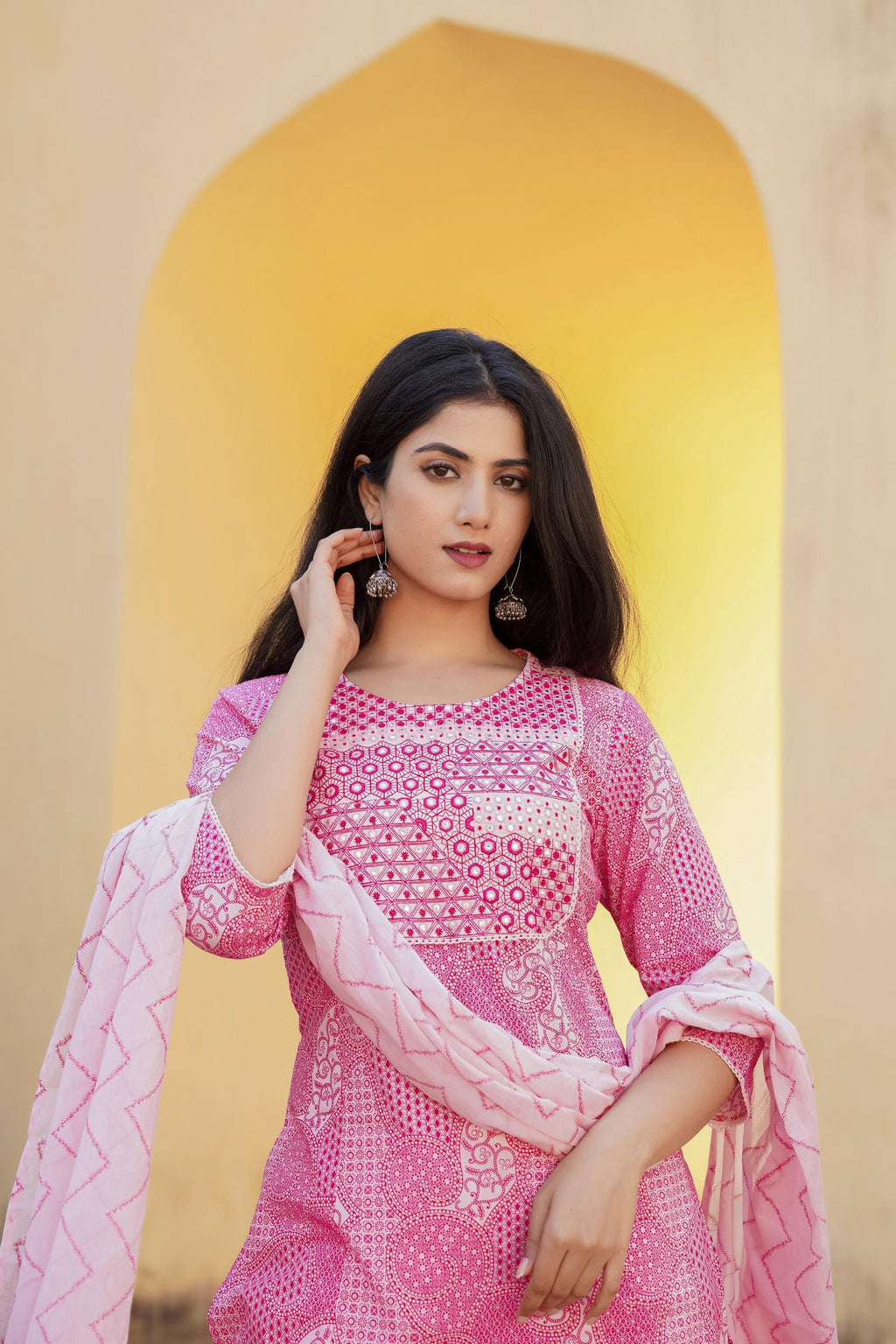 Juniper Light Pink Ethnic Motif Printed Kurta Pant And Dupatta Set With Mirror & Thread Work | Grocsy