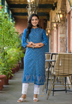Juniper Women's Blue Ethnic Motif Printed Viscose Kurta With Button Closure | Grocsy